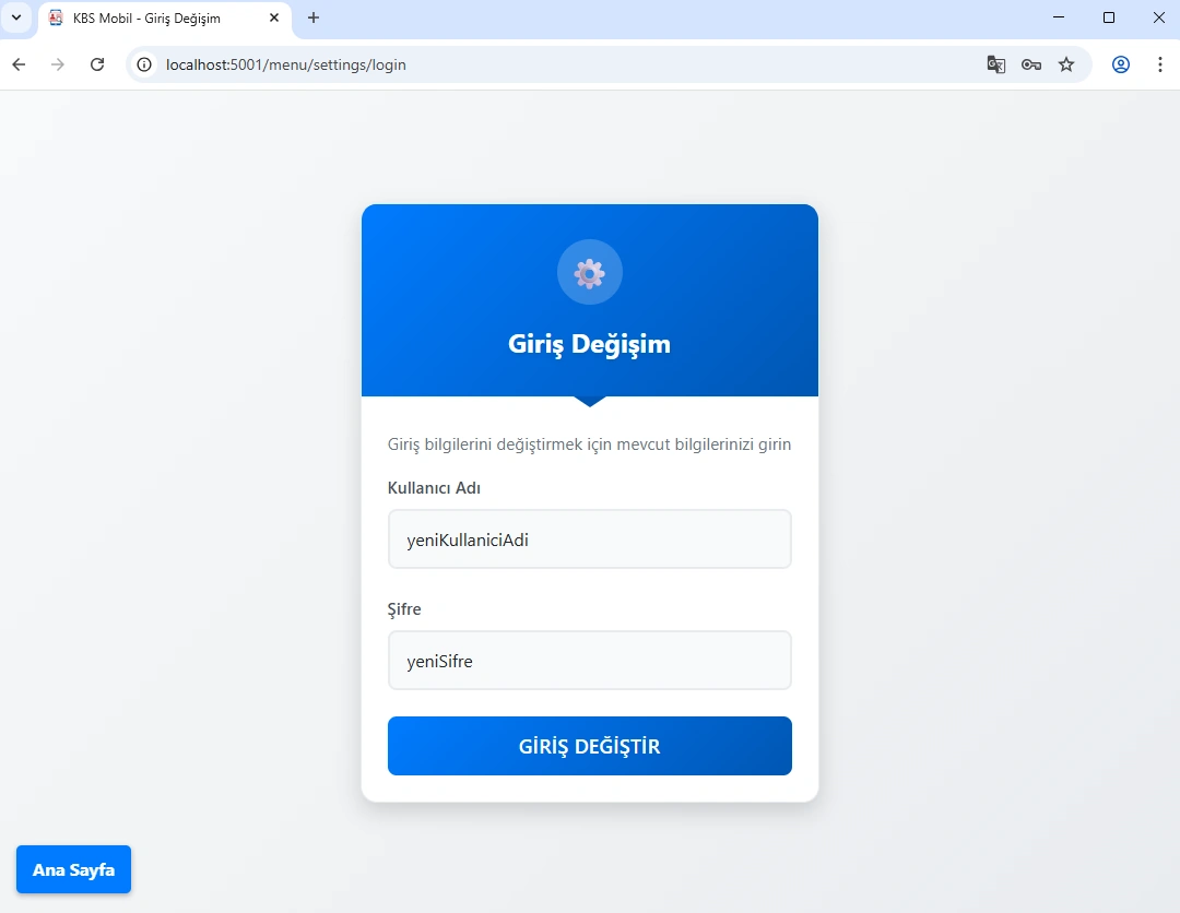 Şifre Değiştir Sayfası