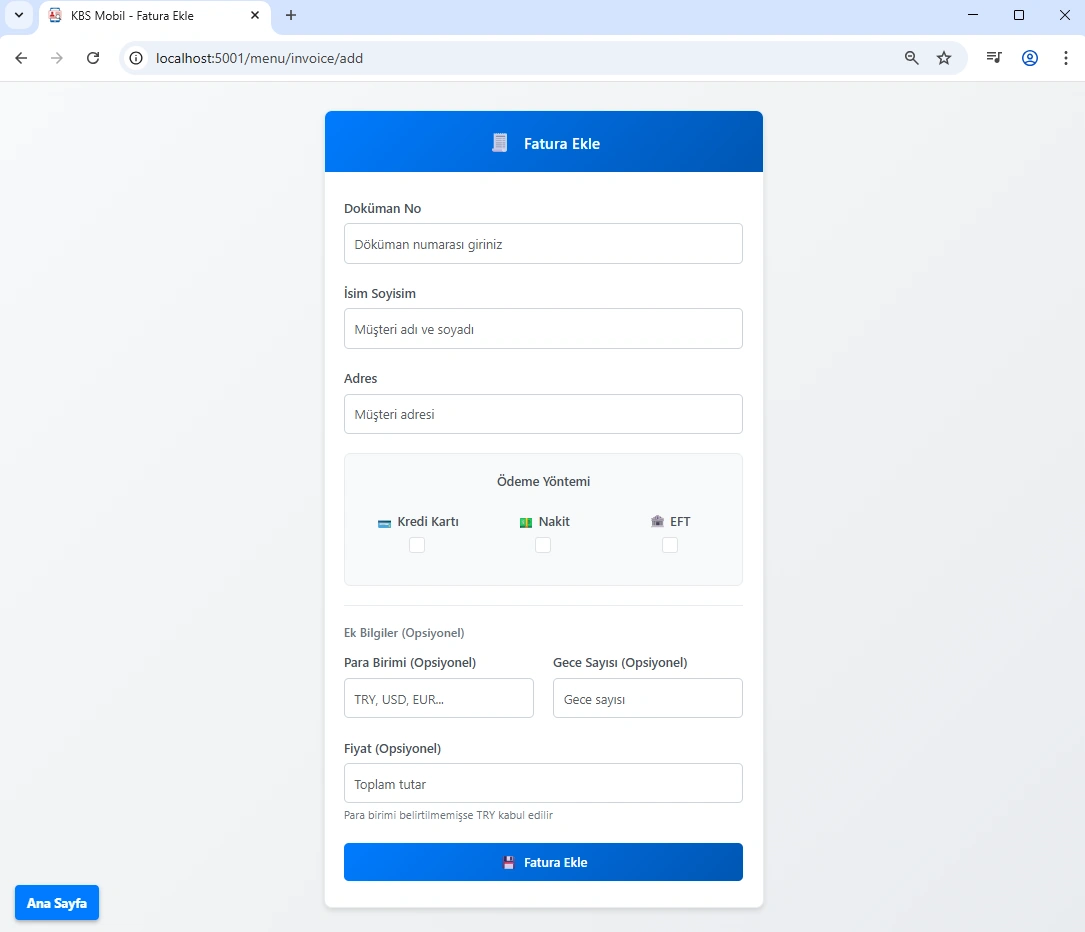 Fatura Ekle Sayfası