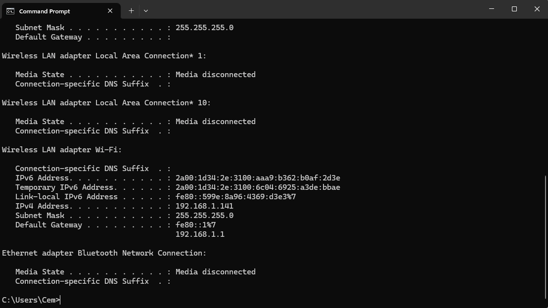 Örnek ipconfig Komut Çıktısı